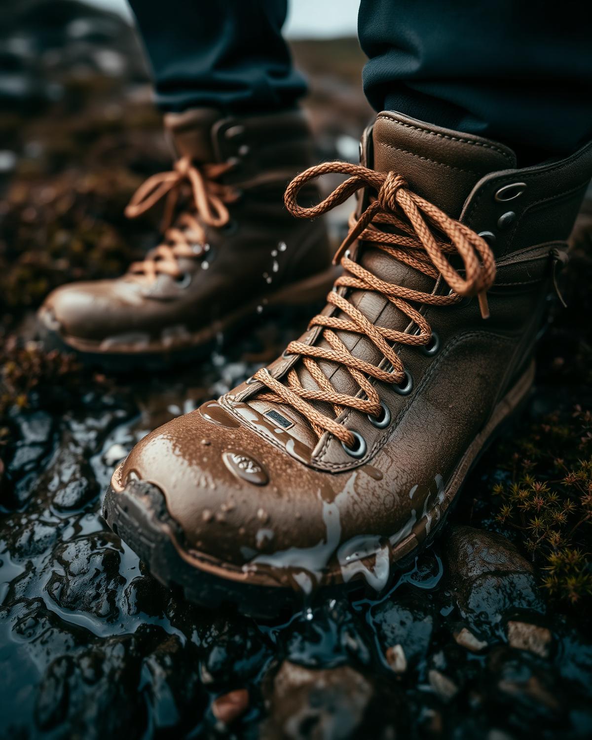 Muddy hiking boots on wet rock and heather