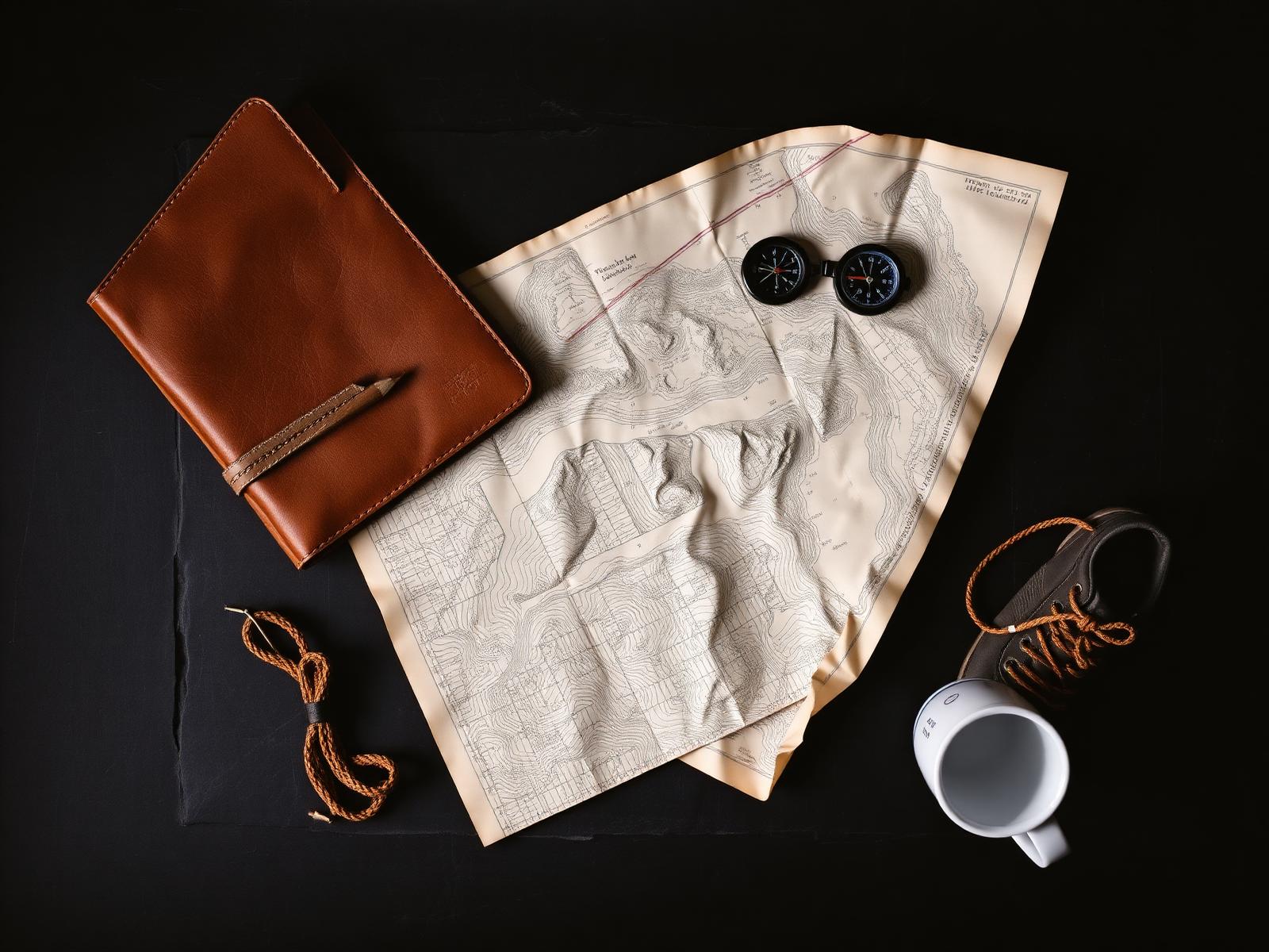 Weathered field notebook, ordnance survey map, compass and worn hiking boot laces on dark slate